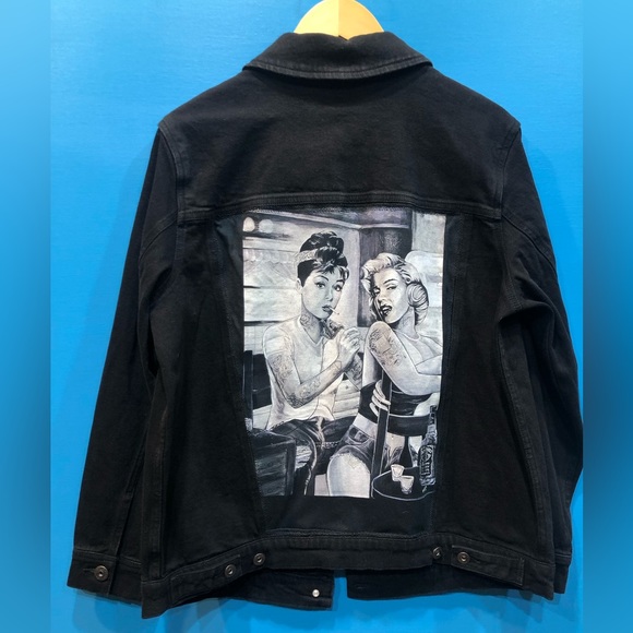 Hand Crafted Jackets & Blazers - Handcrafted jean jacket Audrey & Marilyn tattoo upcycled Womens Medium